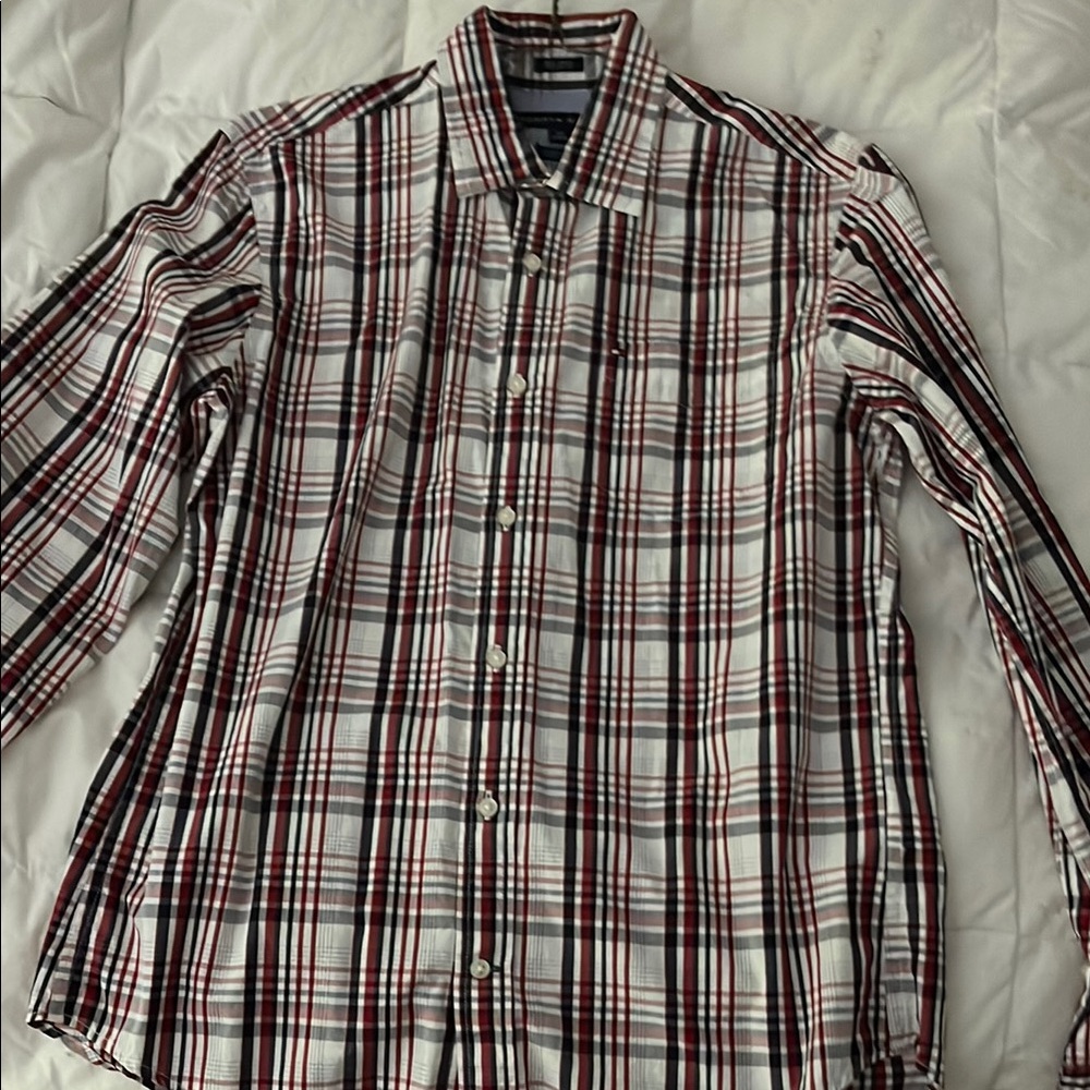 Tommy Hilfiger Men's Small Plaid Shirt - Red, Black, and White